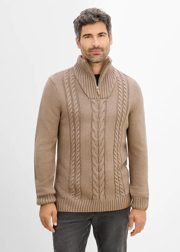 Maglione in lavorazione a trecce con collo e zip, bonprix