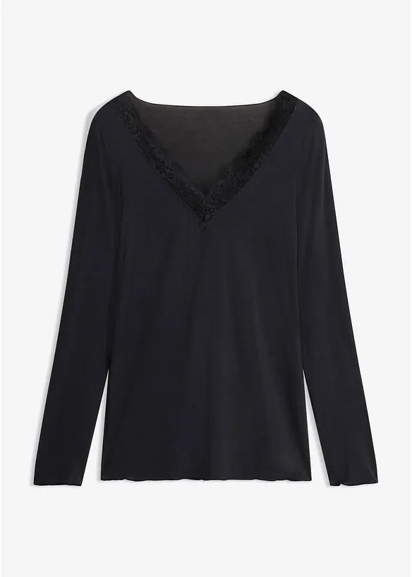 Maglia a maniche lunghe leggerissima in misto cachemire con scollatura a V e pizzo, bonprix