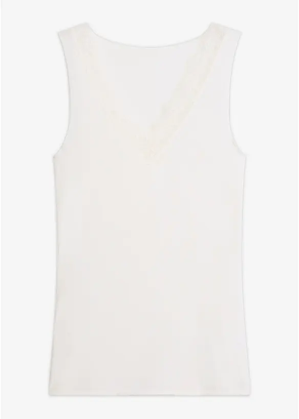 Canottiera leggerissima con scollatura a V e pizzo in misto cachemire, bonprix