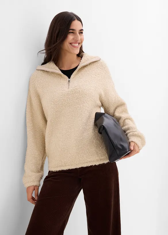 Maglione con collo alto e zip in boucl&eacute;, bonprix