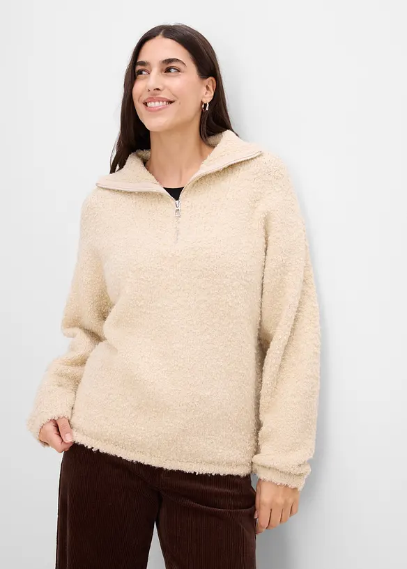 Maglione con collo alto e zip in boucl&eacute;, bonprix