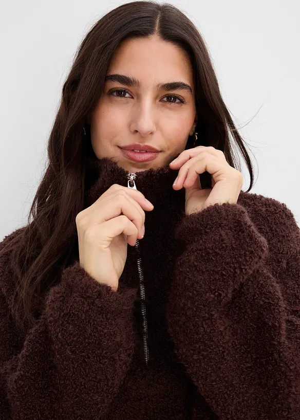 Maglione con collo alto e zip in boucl&eacute;, bonprix