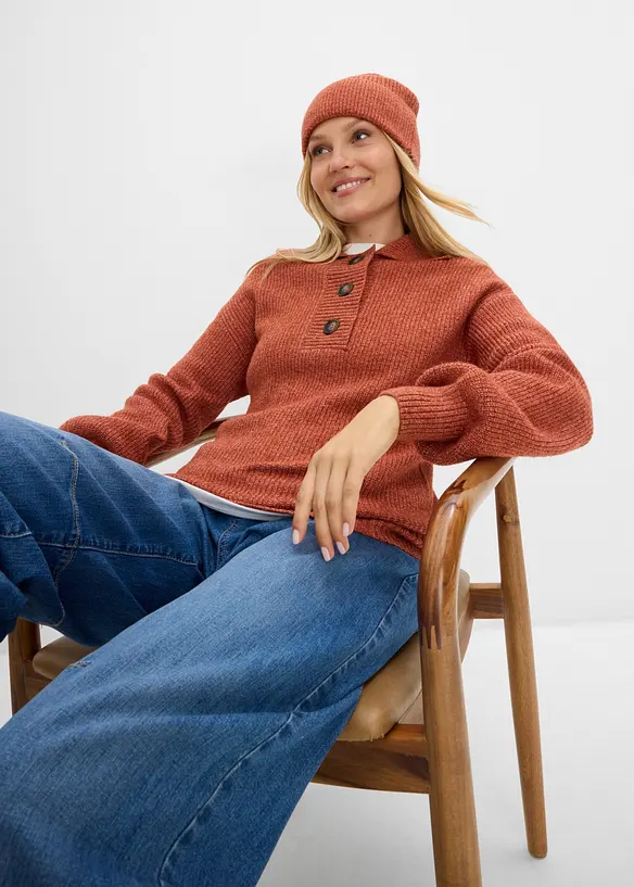 Maglione con colletto e bottoni in misto cotone, bonprix