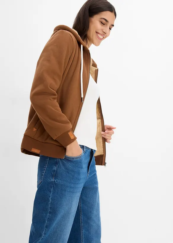 Felpa con zip, cappuccio e fodera teddy, bonprix