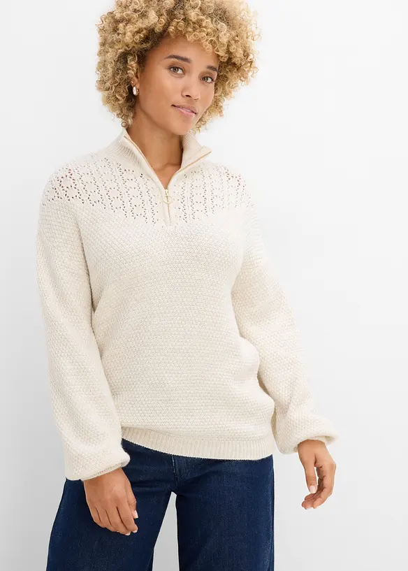 Maglione traforato con collo alto e zip, bonprix