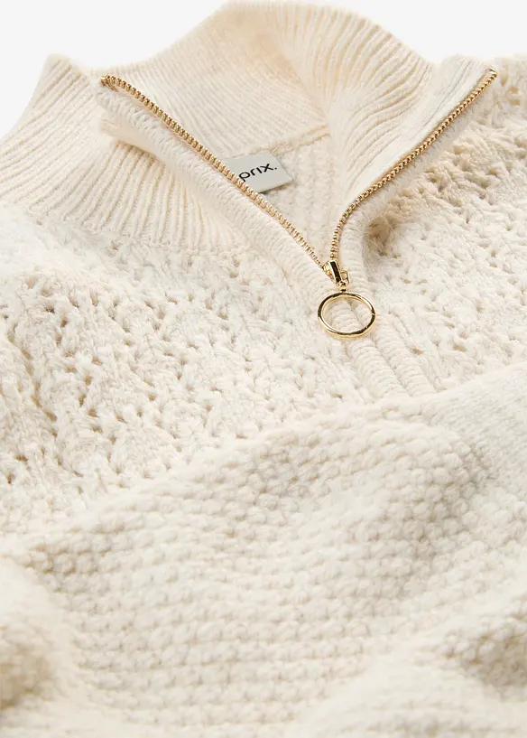 Maglione traforato con collo alto e zip, bonprix