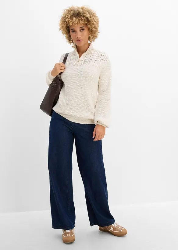 Maglione traforato con collo alto e zip, bonprix