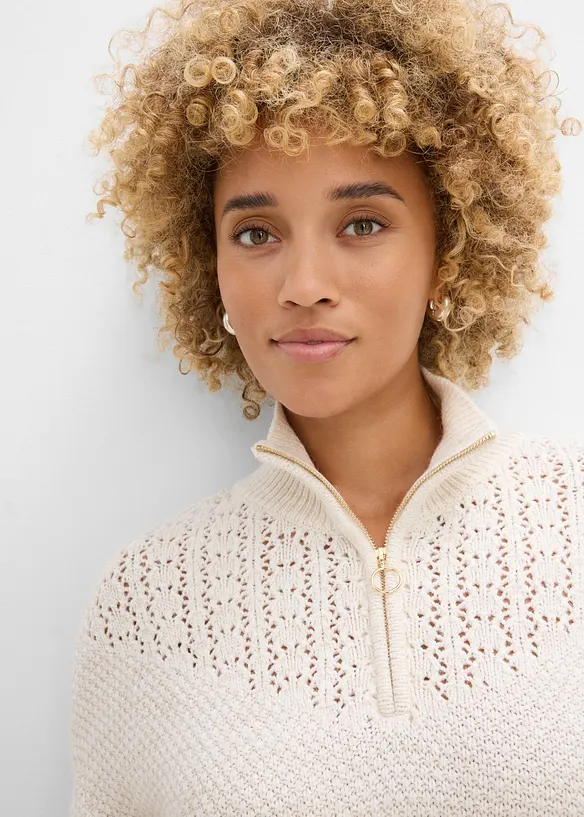 Maglione traforato con collo alto e zip, bonprix