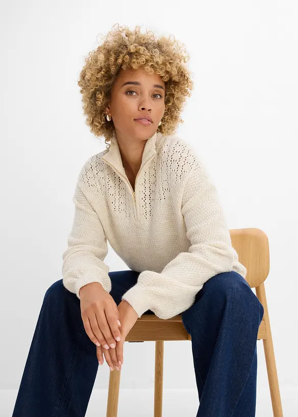 Maglione traforato con collo alto e zip, bonprix