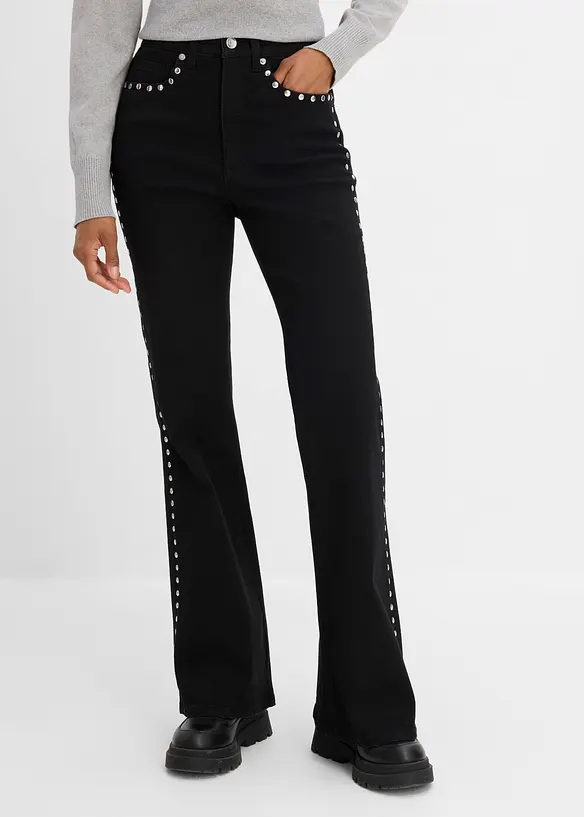 Jeans flared con borchiette, vita alta, bonprix