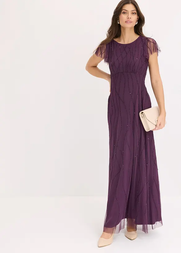 Abito lungo in tulle delicato con ricamo e perline, bonprix