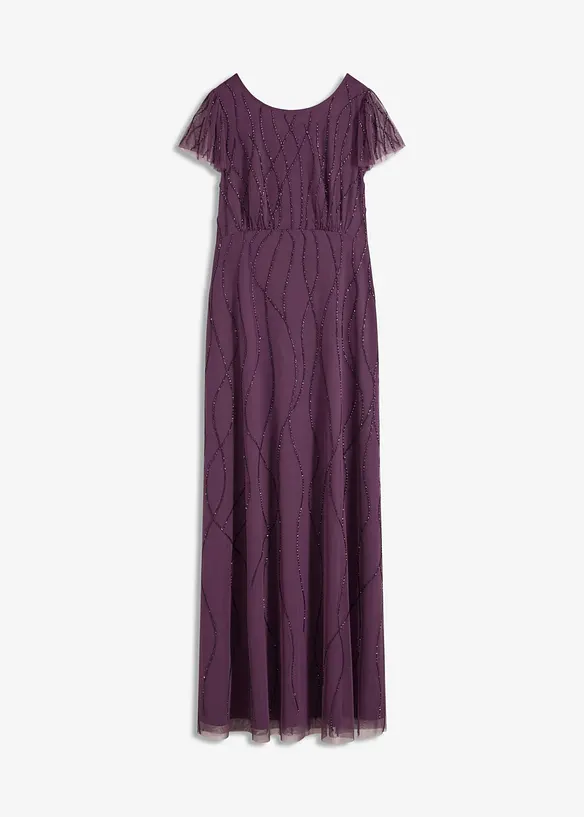 Abito lungo in tulle delicato con ricamo e perline, bonprix