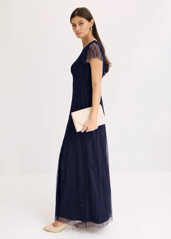 Abito lungo in tulle delicato con ricamo e perline, bonprix