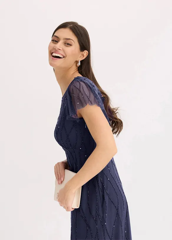 Abito lungo in tulle delicato con ricamo e perline, bonprix