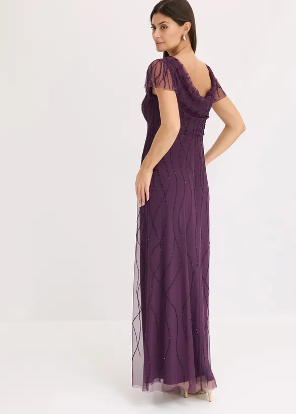 Abito lungo in tulle delicato con ricamo e perline, bonprix