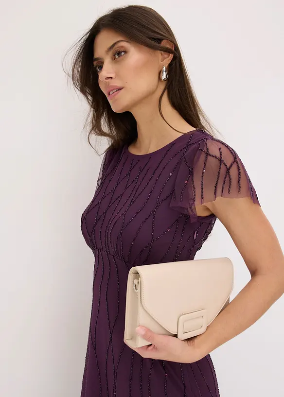 Abito lungo in tulle delicato con ricamo e perline, bonprix