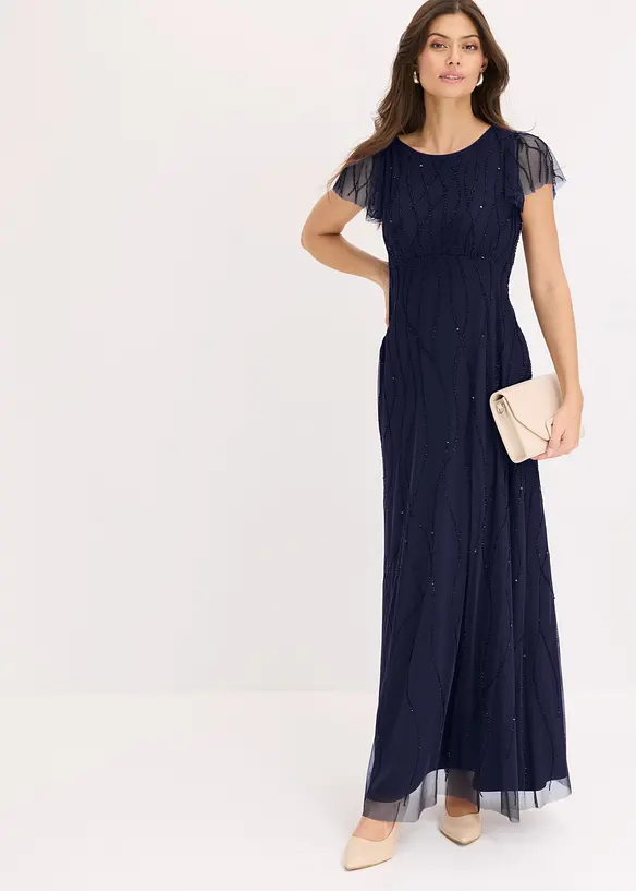 Abito lungo in tulle delicato con ricamo e perline, bonprix