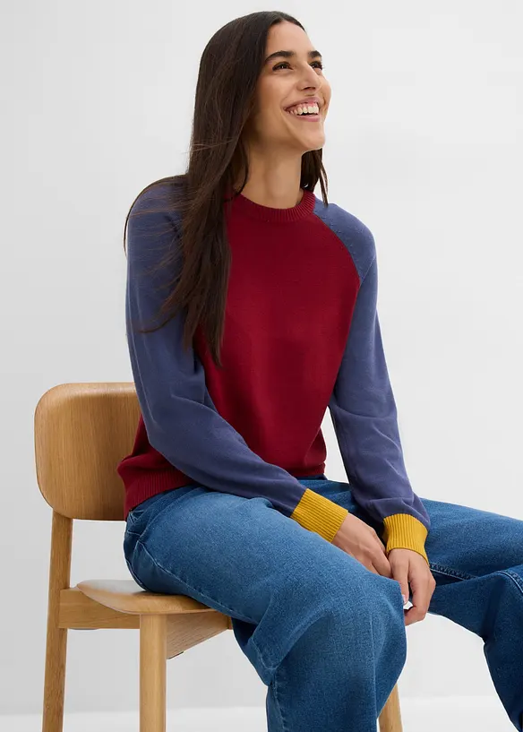 Maglione raglan in filato fine di misto cotone, bonprix