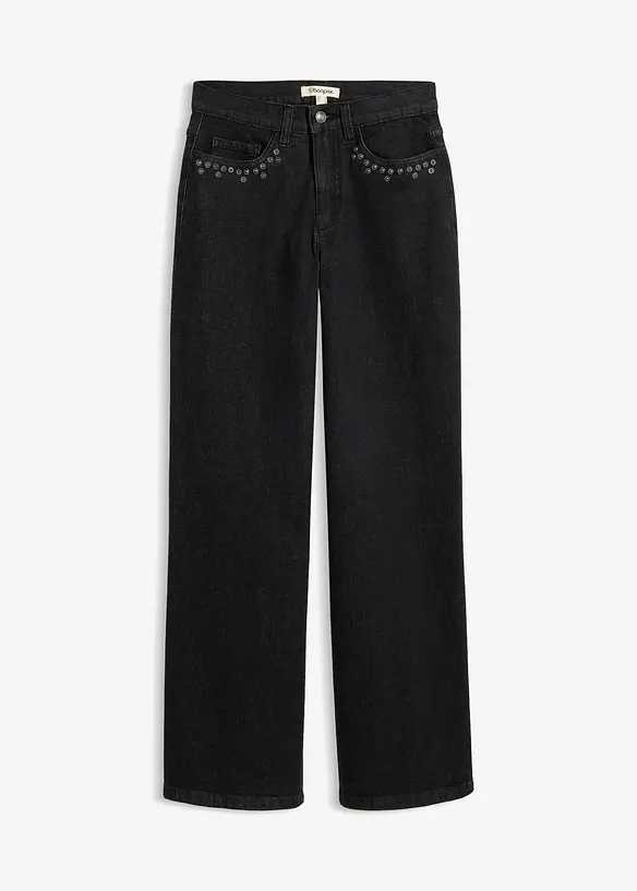 Jeans wide leg con borchiette, vita alta, bonprix