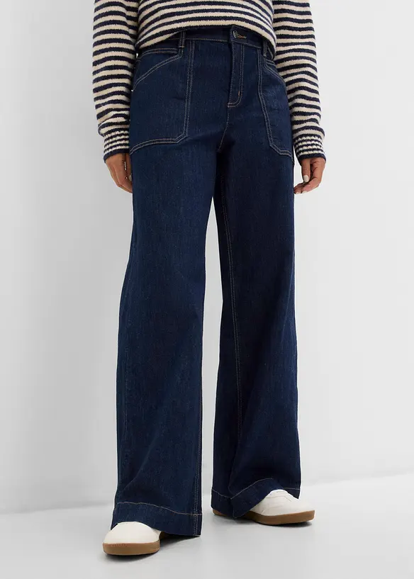 Jeans wide leg con tasche applicate, vita media, bonprix