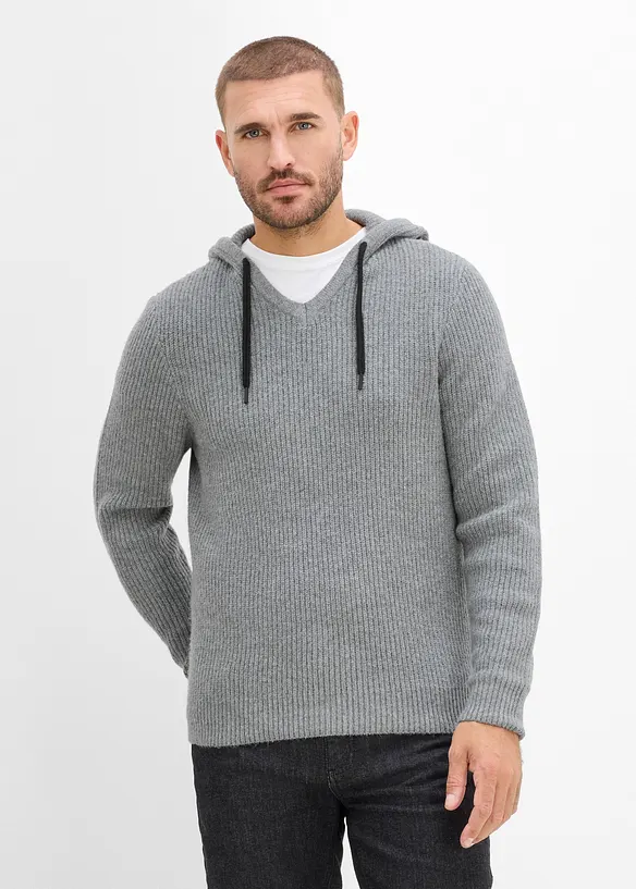 Maglione in filato a coste morbido con cappuccio, regular fit, bonprix