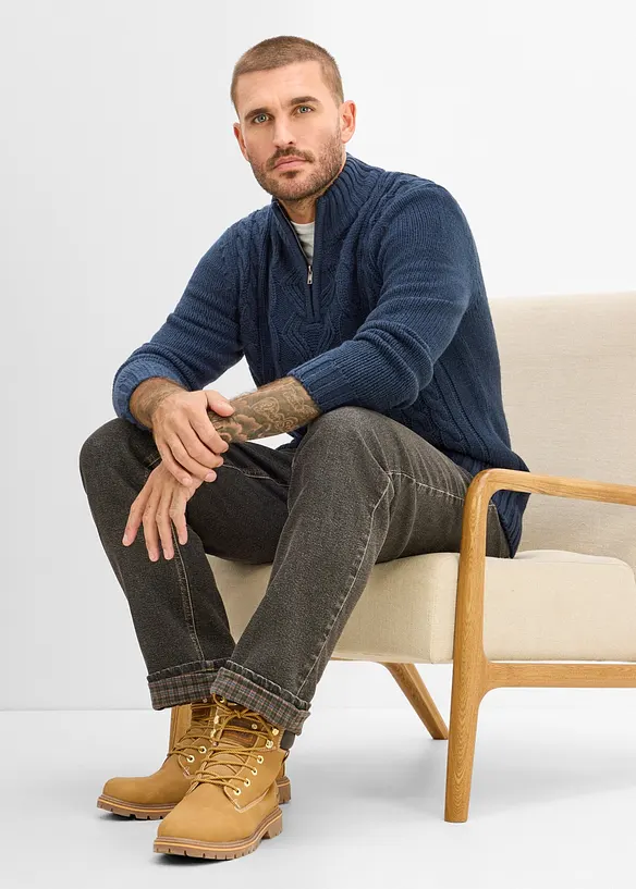Maglione in lavorazione a trecce con collo e zip, bonprix