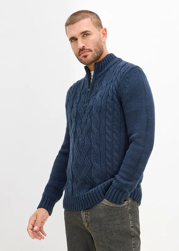 Maglione in lavorazione a trecce con collo e zip, bonprix
