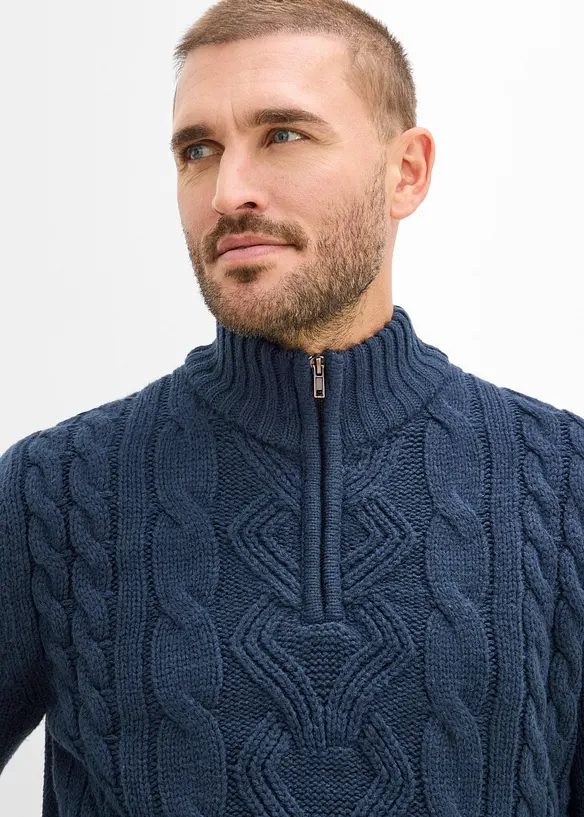 Maglione in lavorazione a trecce con collo e zip, bonprix