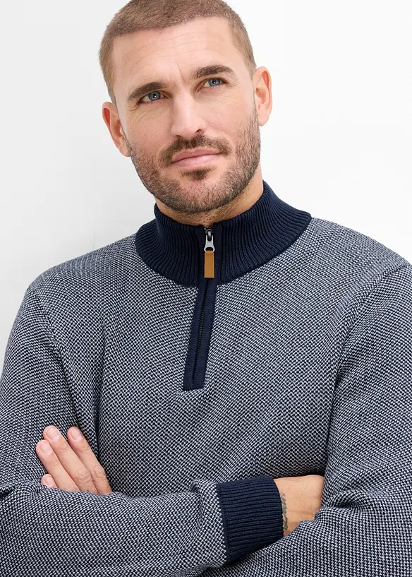 Maglione con collo alto e zip in puro cotone, bonprix