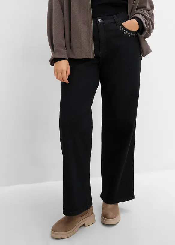 Jeans wide leg con borchiette, vita alta, bonprix
