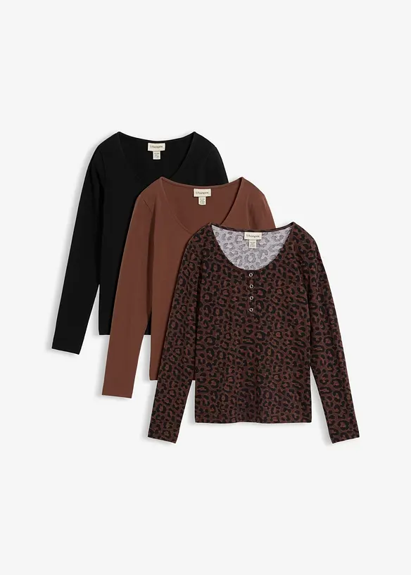 Maglia a maniche lunghe in misto cotone ed elastan (pacco da 3), bonprix