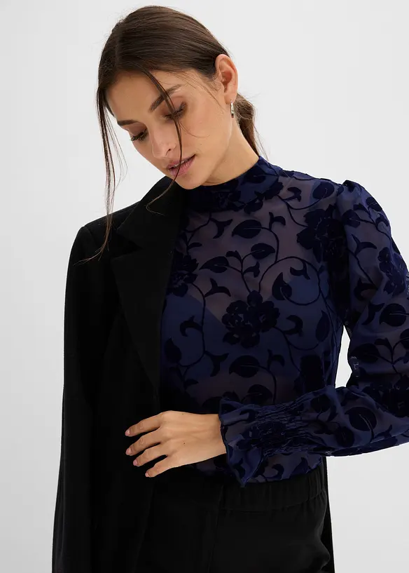 Maglia a maniche lunghe trasparente con stampa floccata, bonprix