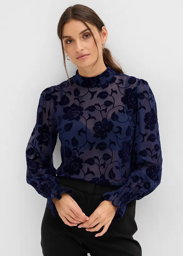 Maglia a maniche lunghe trasparente con stampa floccata, bonprix