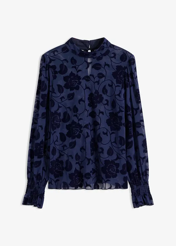 Maglia a maniche lunghe trasparente con stampa floccata, bonprix