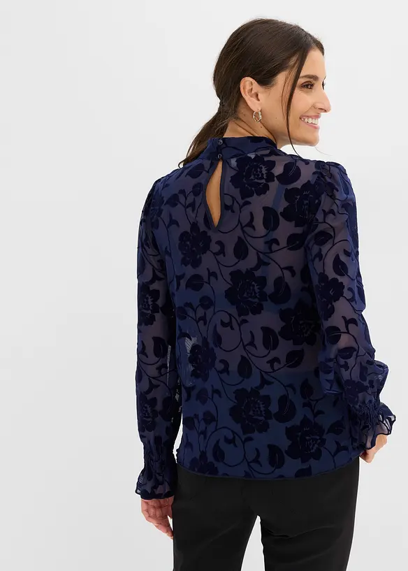 Maglia a maniche lunghe trasparente con stampa floccata, bonprix