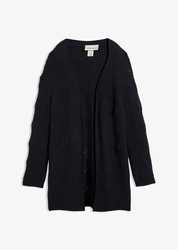 Cardigan lungo in fine misto lana merino con motivo traforato, bonprix