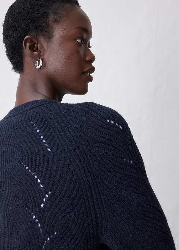 Cardigan lungo in fine misto lana merino con motivo traforato, bonprix