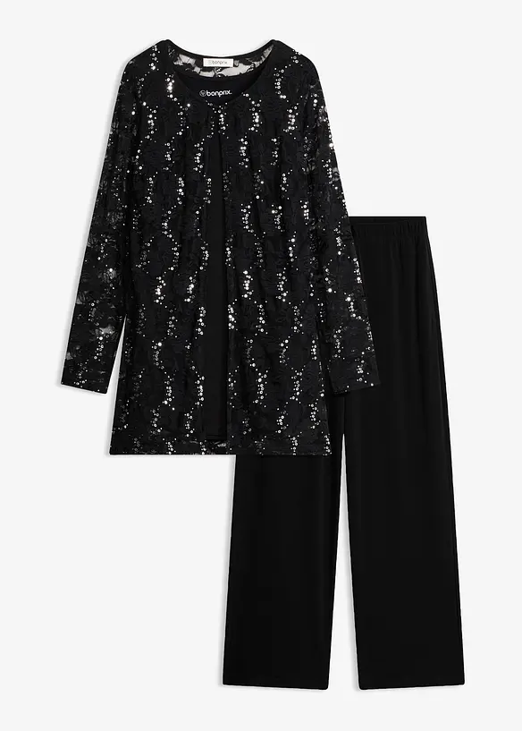 Cardigan in pizzo, top,  pantaloni (set 3 pezzi), bonprix