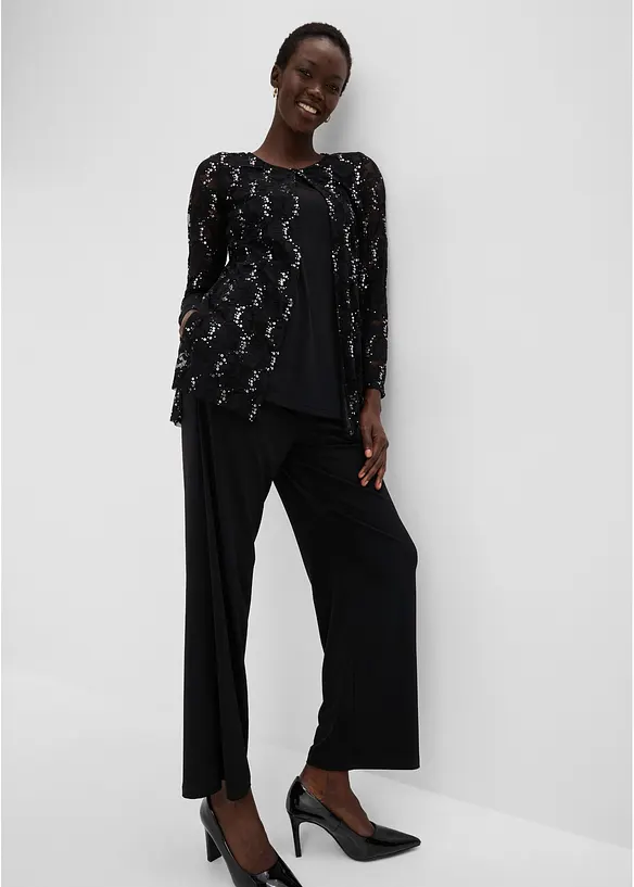 Cardigan in pizzo, top,  pantaloni (set 3 pezzi), bonprix
