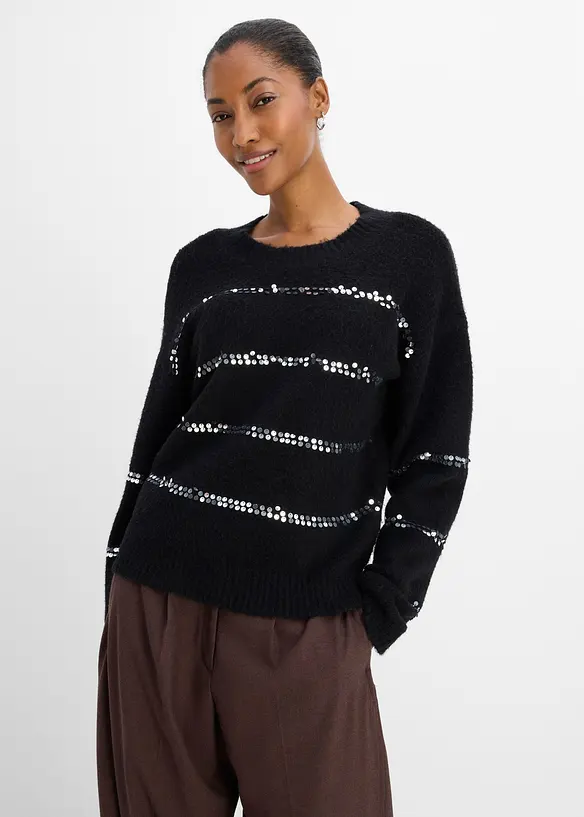 Maglione in filato fine con righe di paillettes, bonprix