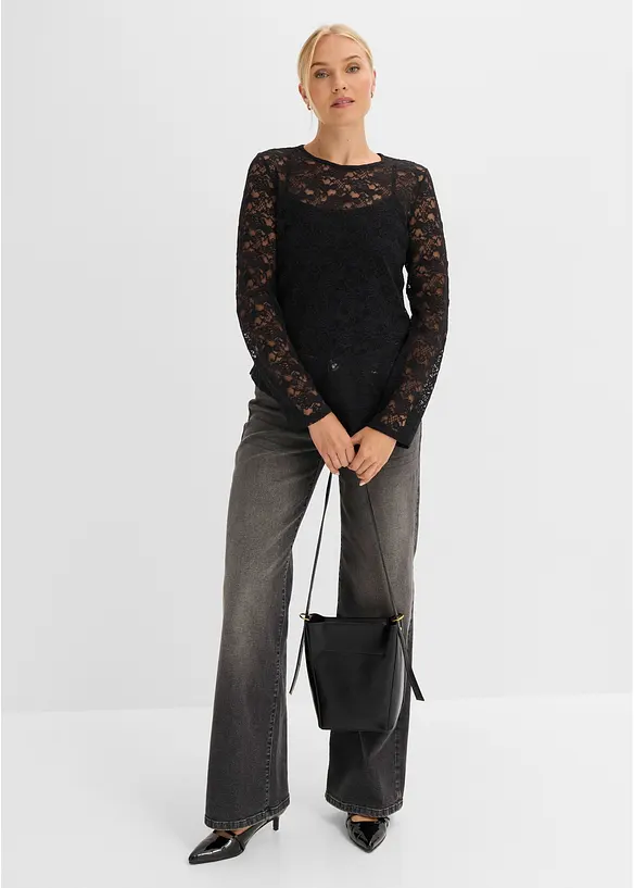 Maglia a maniche lunghe in pizzo elasticizzato, bonprix