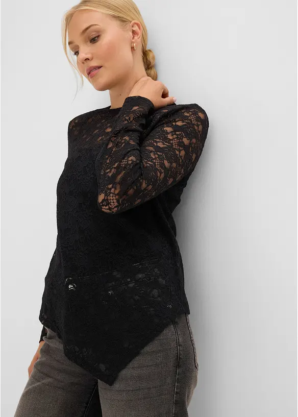 Maglia a maniche lunghe in pizzo elasticizzato, bonprix
