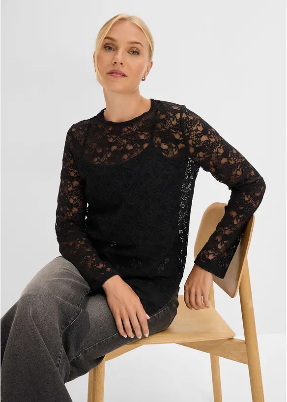 Maglia a maniche lunghe in pizzo elasticizzato, bonprix