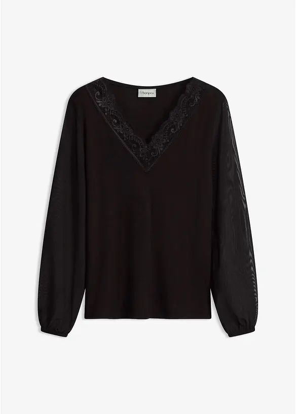 Maglia a maniche lunghe con guarnizione in pizzo sullo scollo a V, bonprix