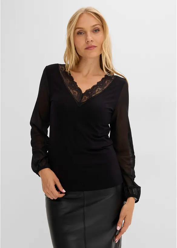 Maglia a maniche lunghe con guarnizione in pizzo sullo scollo a V, bonprix