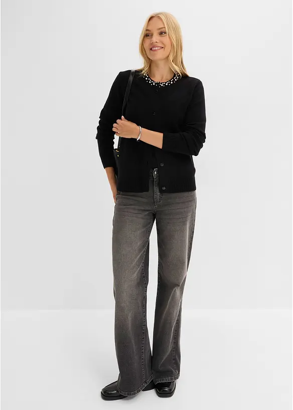 Cardigan in maglia fine con colletto impreziosito da perle, bonprix