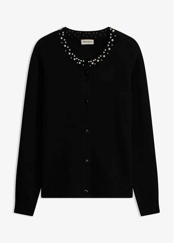 Cardigan in maglia fine con colletto impreziosito da perle, bonprix