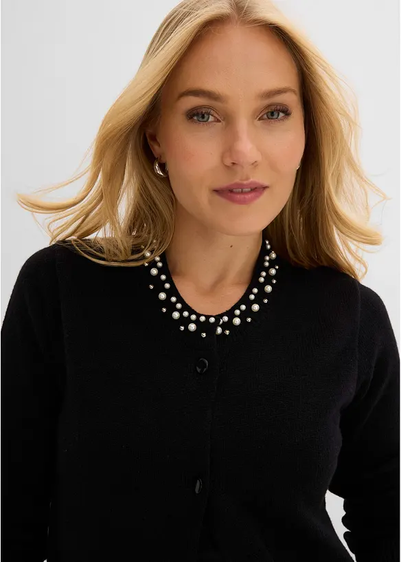 Cardigan in maglia fine con colletto impreziosito da perle, bonprix