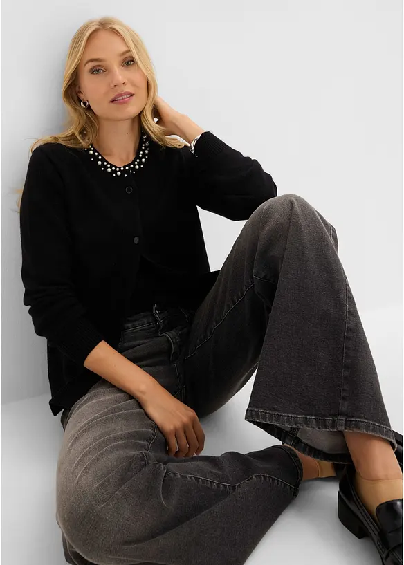 Cardigan in maglia fine con colletto impreziosito da perle, bonprix