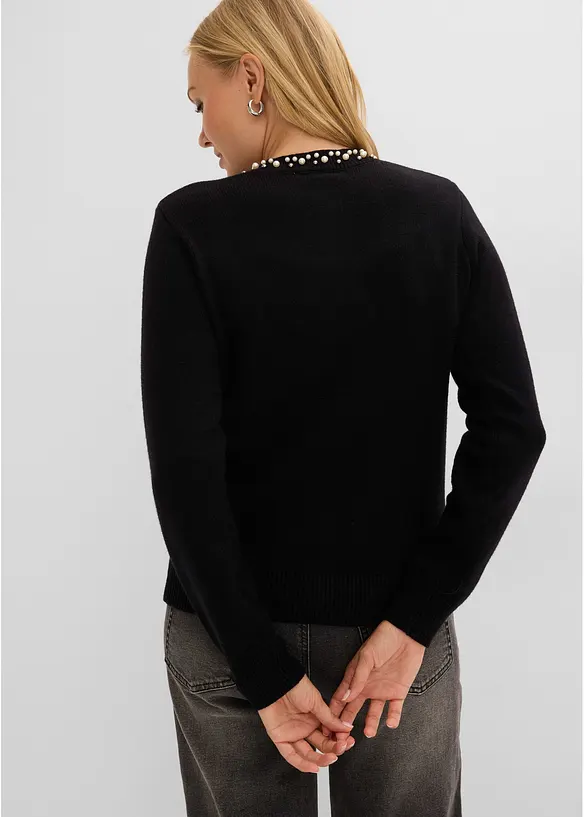 Cardigan in maglia fine con colletto impreziosito da perle, bonprix